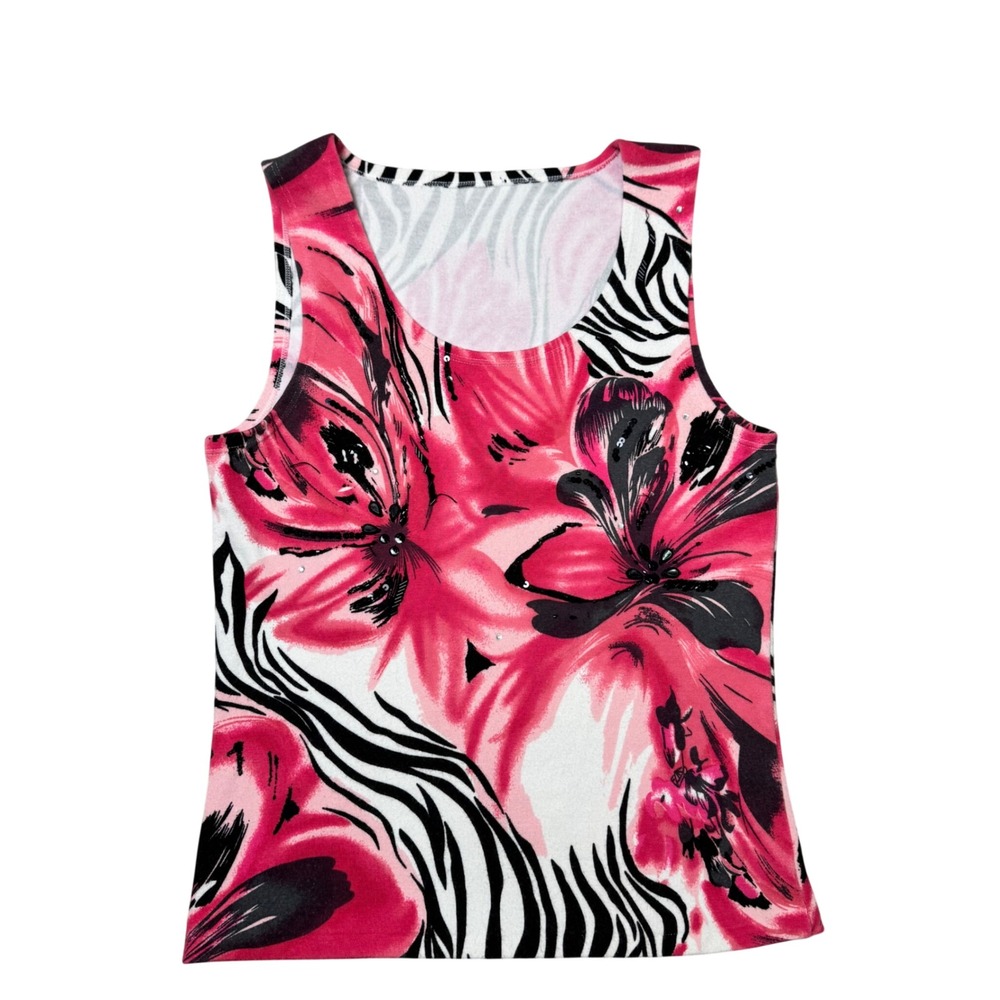 Y2K Tropical Zebra Floral Beaded Sequin Tank Top Pink Black